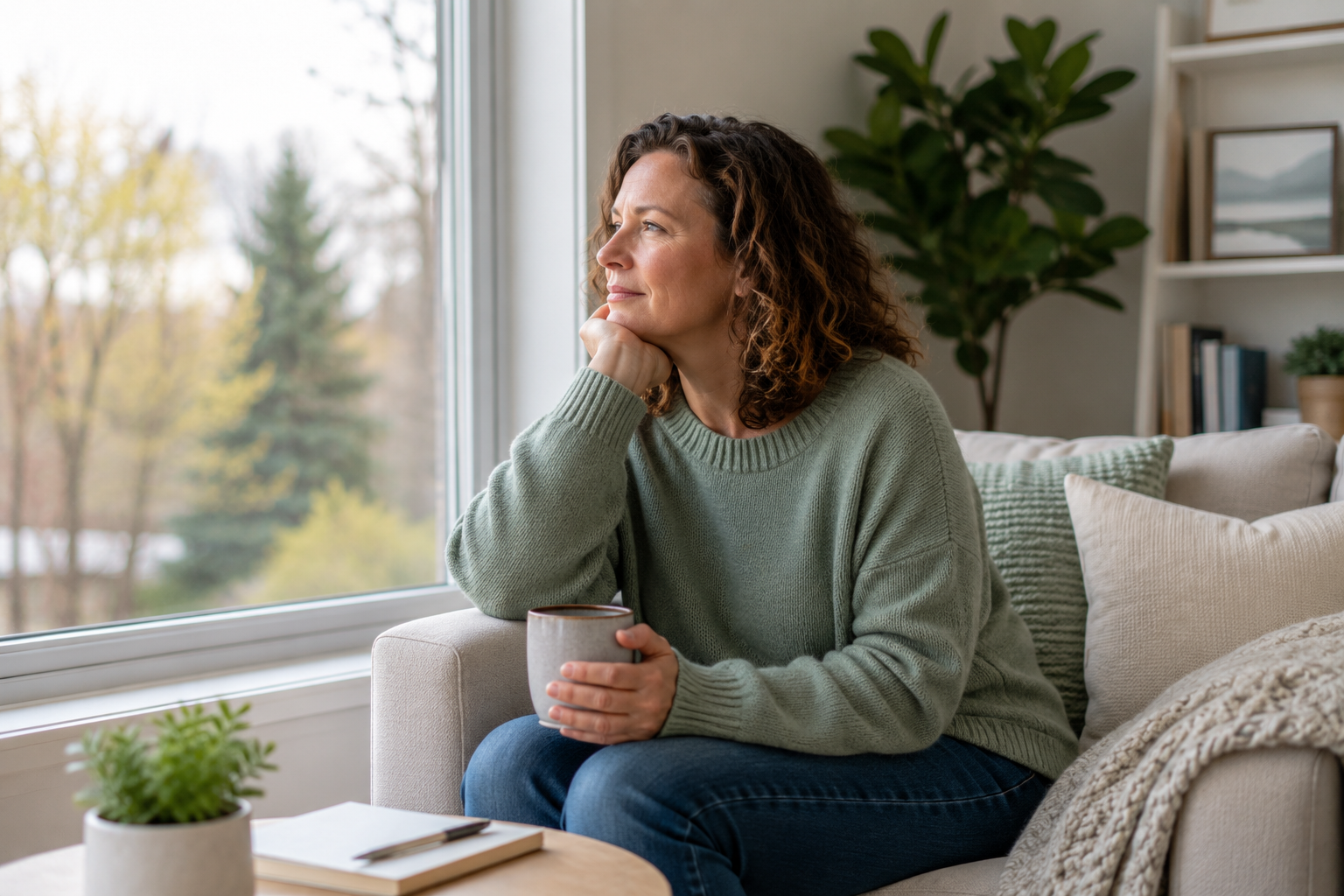 Adult sitting thoughtfully by a window, reflecting on emotional wellbeing and ADHD emotional regulation.